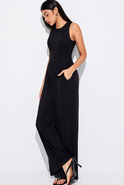 Black Cinched Waist Sleeveless Wide Leg Jumpsuit