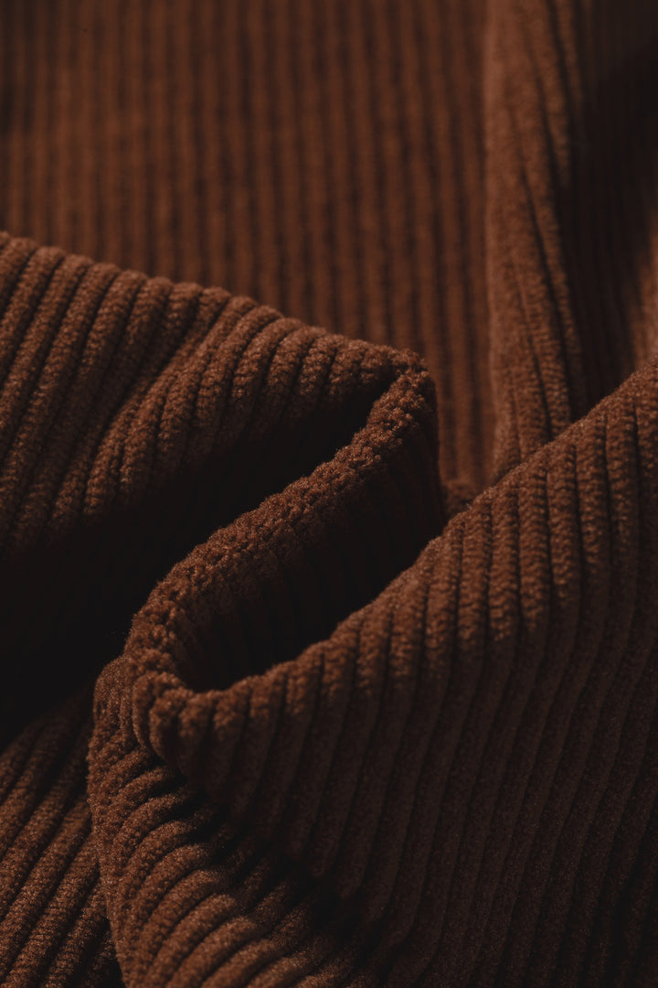 Coffee Solid Color Ruffle Trim V Neck Long Sleeve Button Corduroy Shakcet