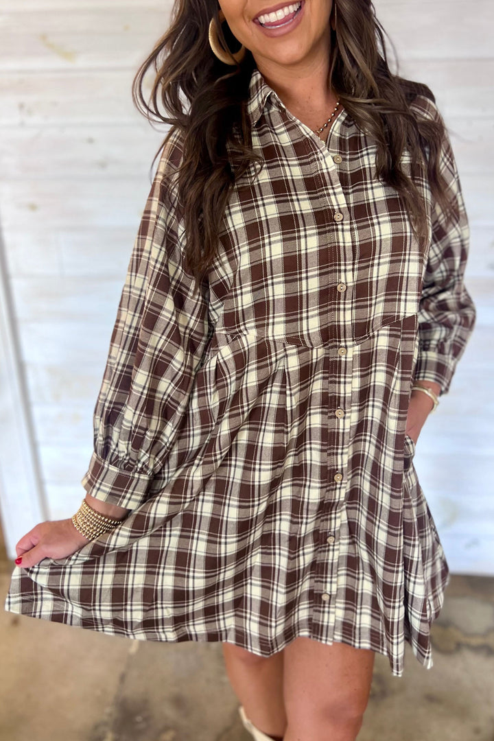 Brown Plaid Long Sleeve Short Shift Mini Dress