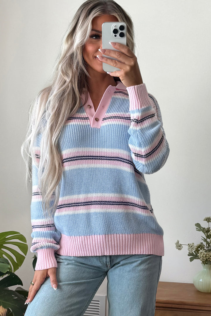 Sky Blue Stripe Striped Button Collar Long Sleeve Shift Fit Winter Knitwear Sweater