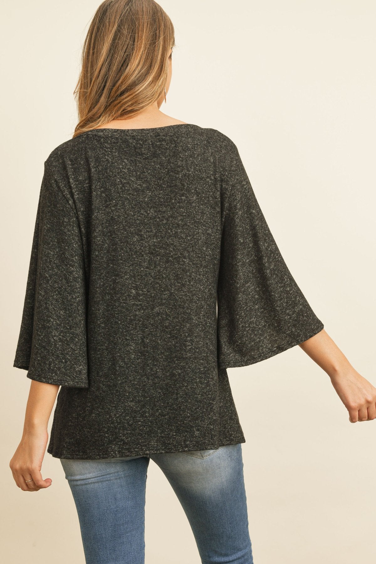 Boat Neck Bell Sleeve Solid Hacci Brushed Top