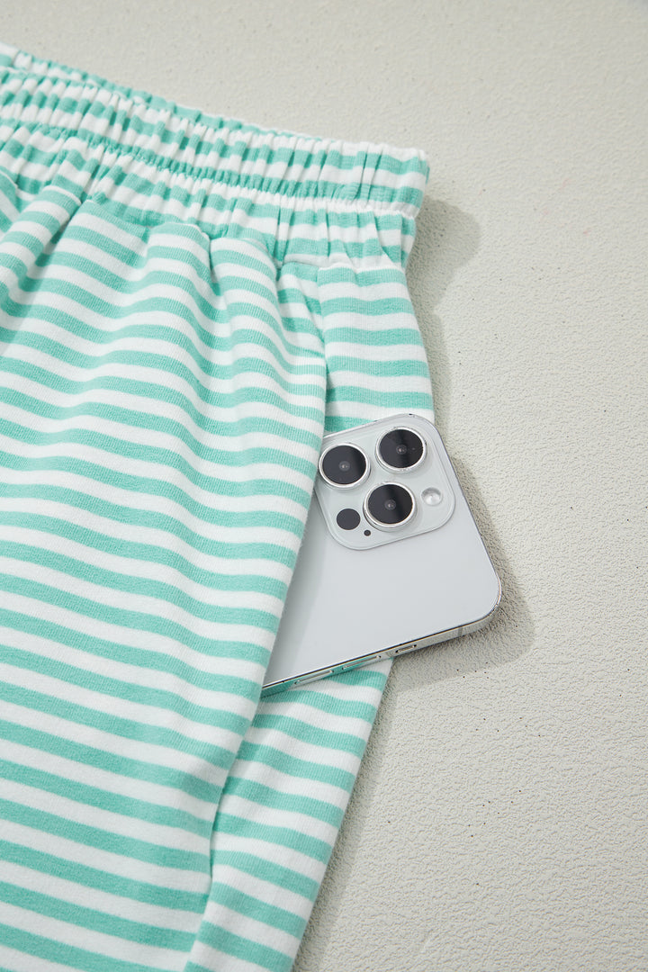 Sky Blue Stripe Oversize Mock Neck Sweatshirt and Shorts Set