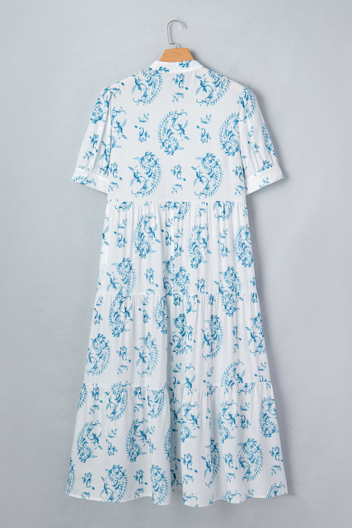 Sky Blue Plus Size Geometric Floral Print Button Split Neck Short Sleeve Maxi Dress