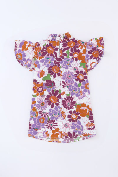 Purple Multicolor Stand Collar Flutter Sleeves Floral Top