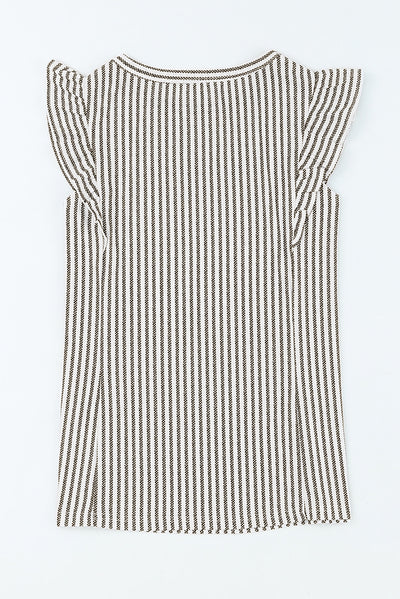 Gray Crew Neck Ruffled Striped Tank Top