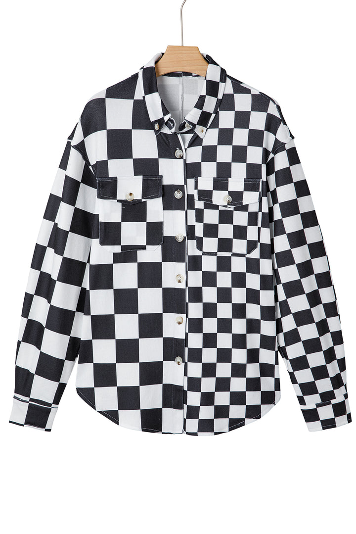 Black Checkerboard Flap Pocket Button Front Shacket