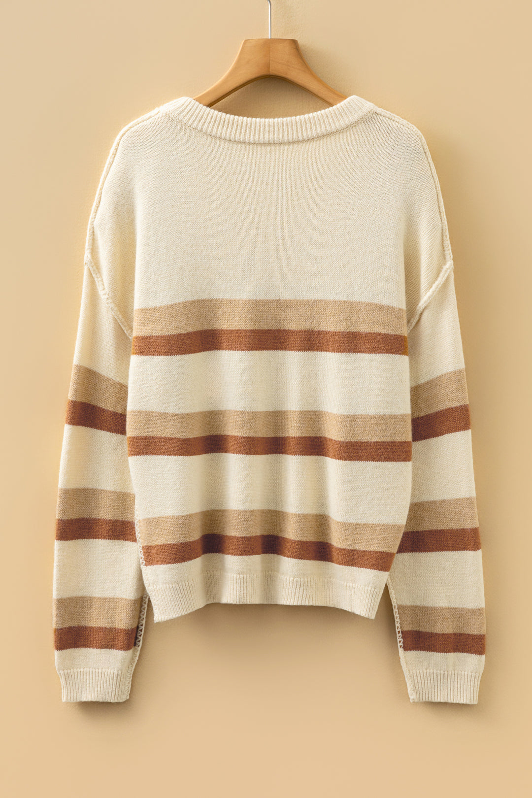 Khaki Stripe Exposed Seam Drop Shoulder Knit Baggy Sweater