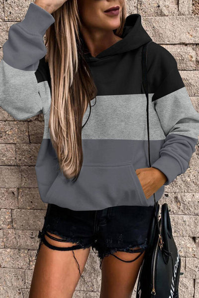 Gray Triple Color Block Hoodie with Kangaroo Pocket