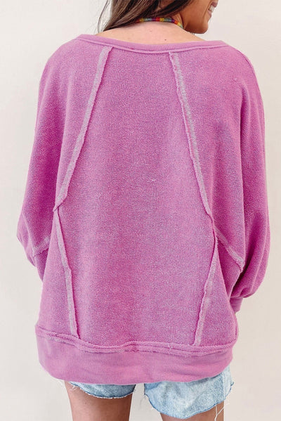 Pink Exposed Seam Round Neck Terry Pullover