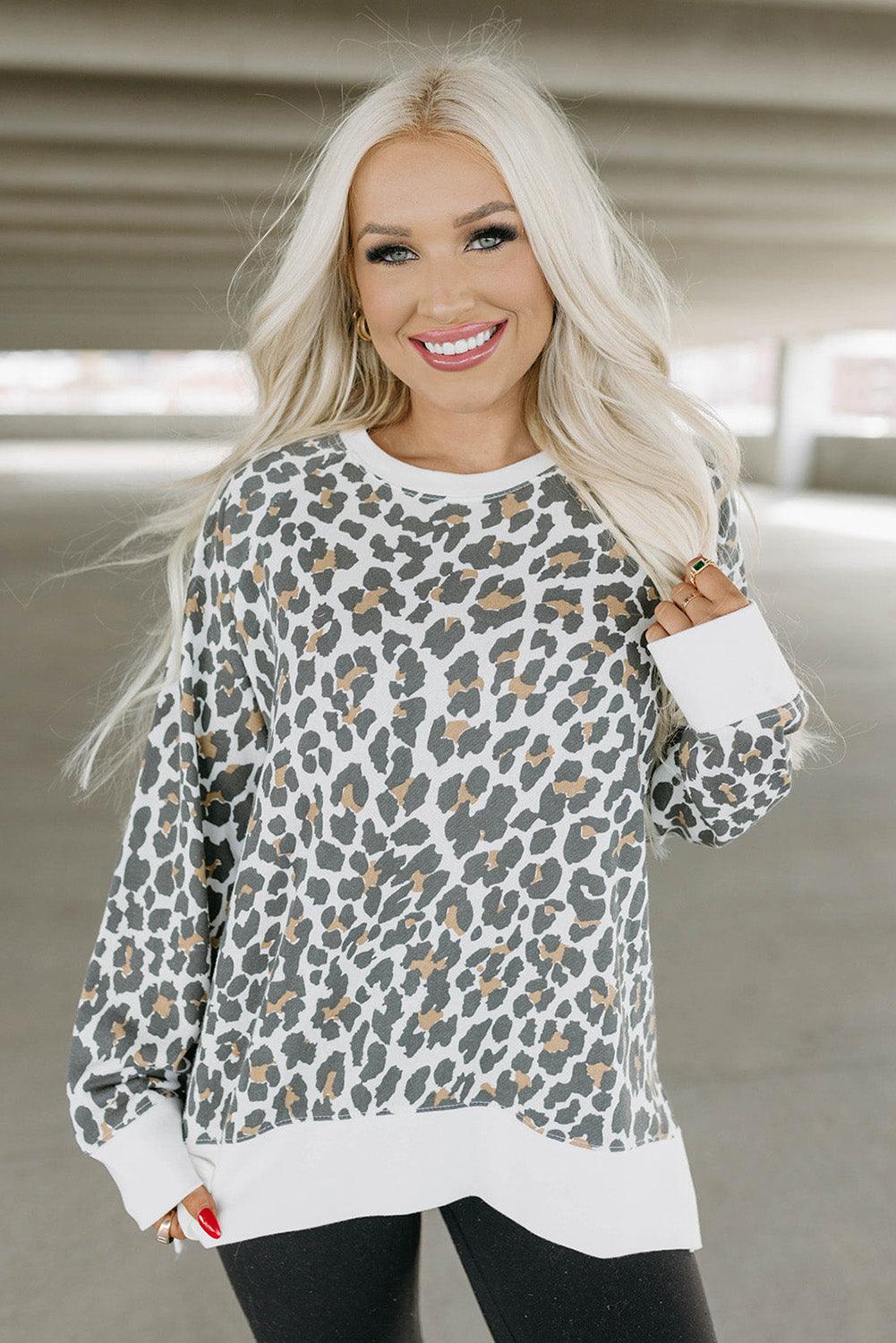 White Printed Solid Trim Leopard Print Top