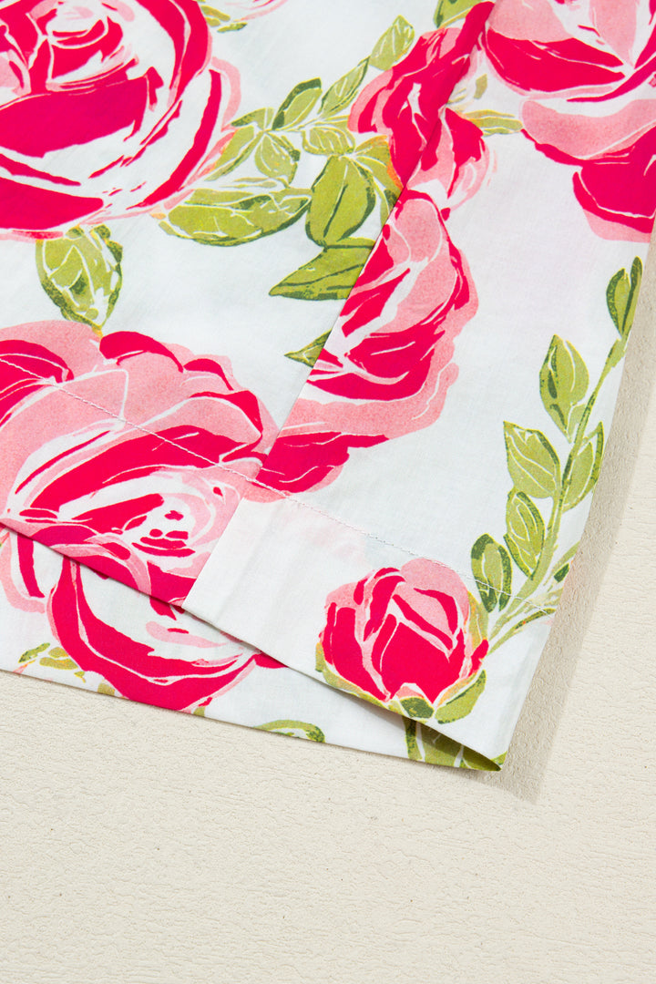 Pink Flower Print Striped Trim Frilled Collar Short Sleeve Shirt