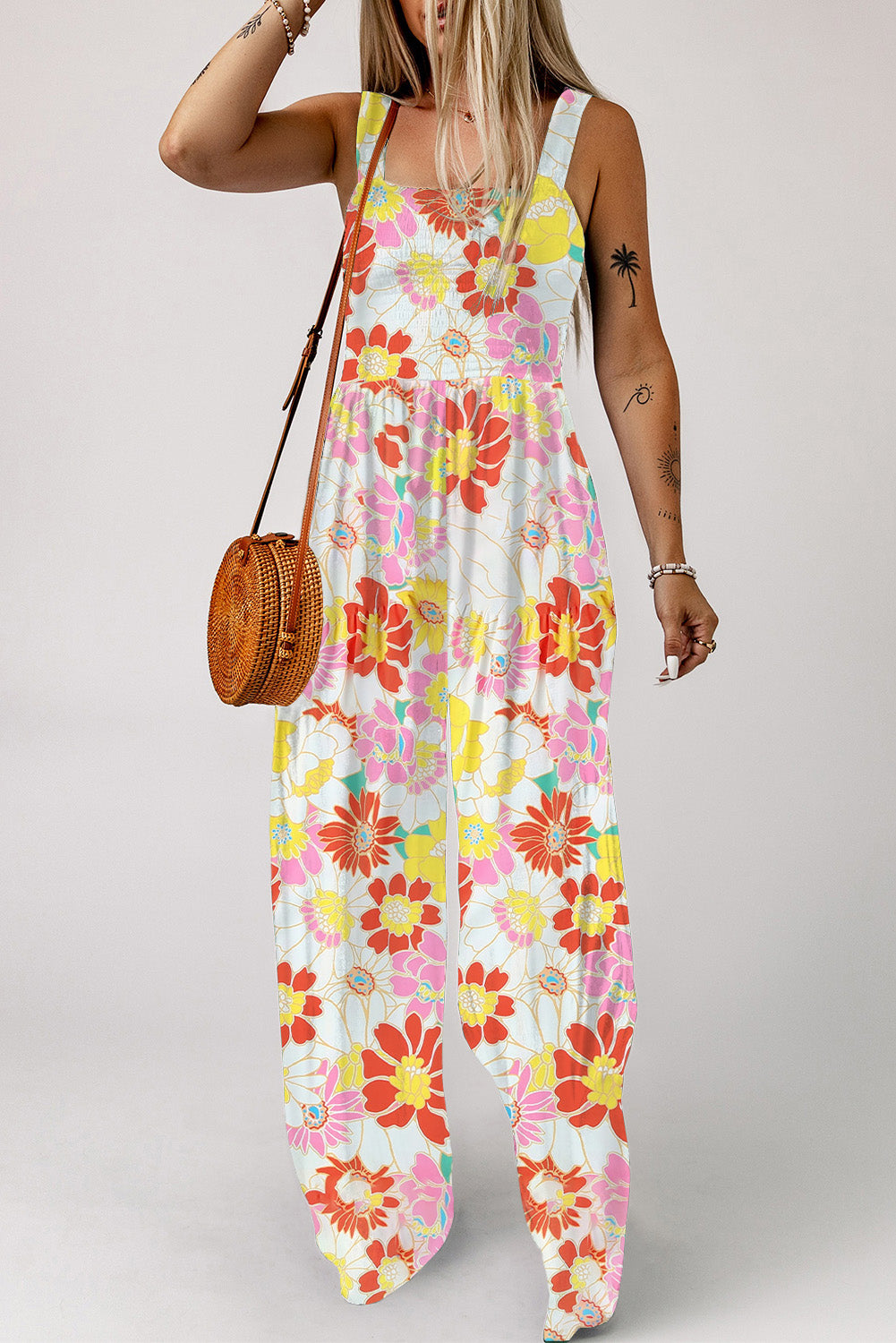 Multicolor Floral Print Shirred Sleeveless Wide Leg Jumpsuit