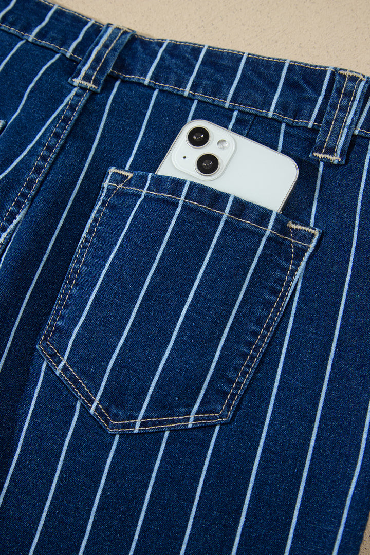 Blue Stripe Metal Button Detail Womens Denim Shorts