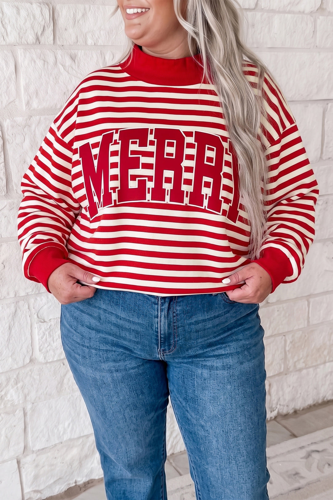 Red Stripe Plus Size MERRY Festive Letter Embroidery Patched Graphic Pullover Sweatshirt