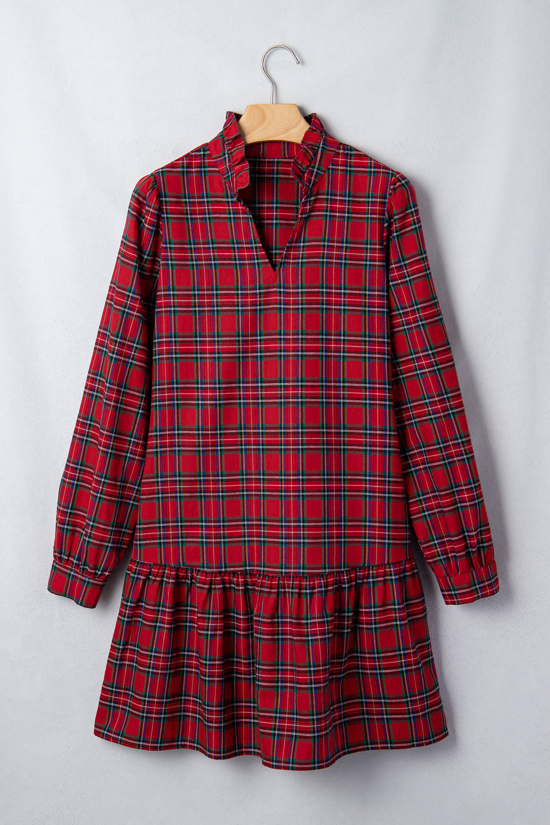 Red Plaid Long Sleeve Mini Shift Silhouette Decoration Dress