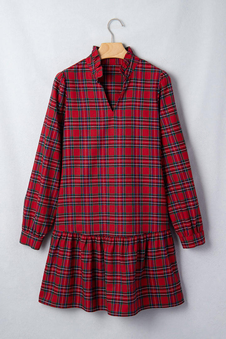 Red Plaid Long Sleeve Mini Shift Silhouette Decoration Dress