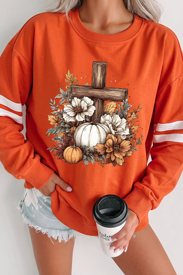 Orange Thanksgiving Floral Pumpkin Cross Print Banded Sleeve Graphic Sweatshirt