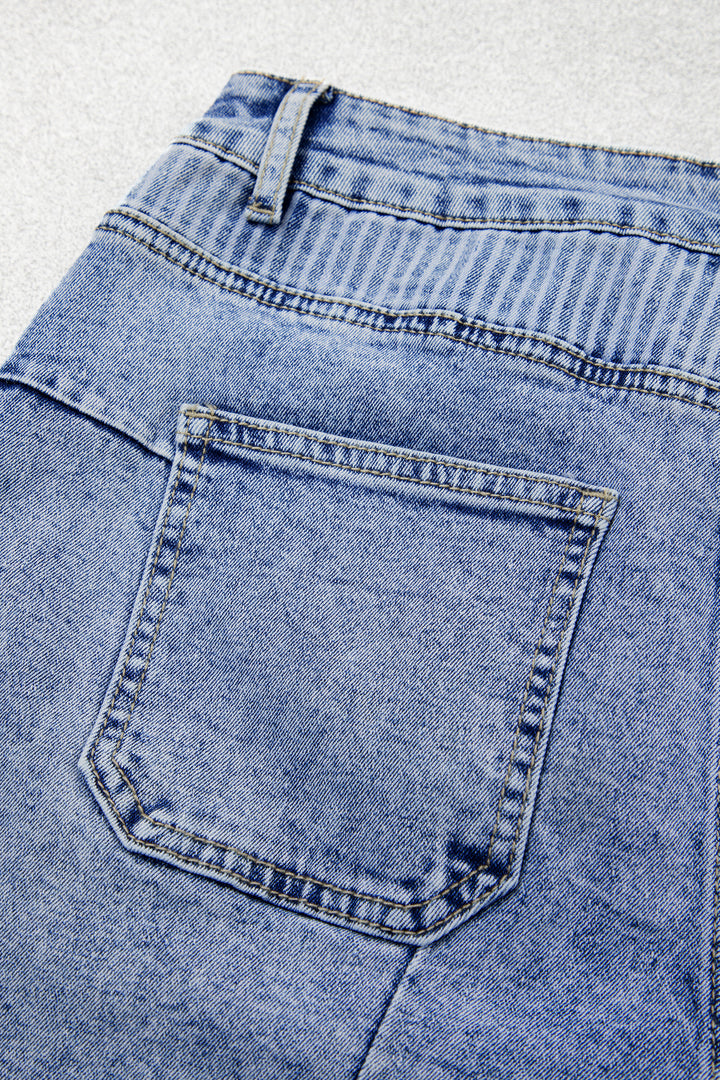 Sky Blue Striped Paisley Mixed Patchwork Raw Hem Denim Shorts