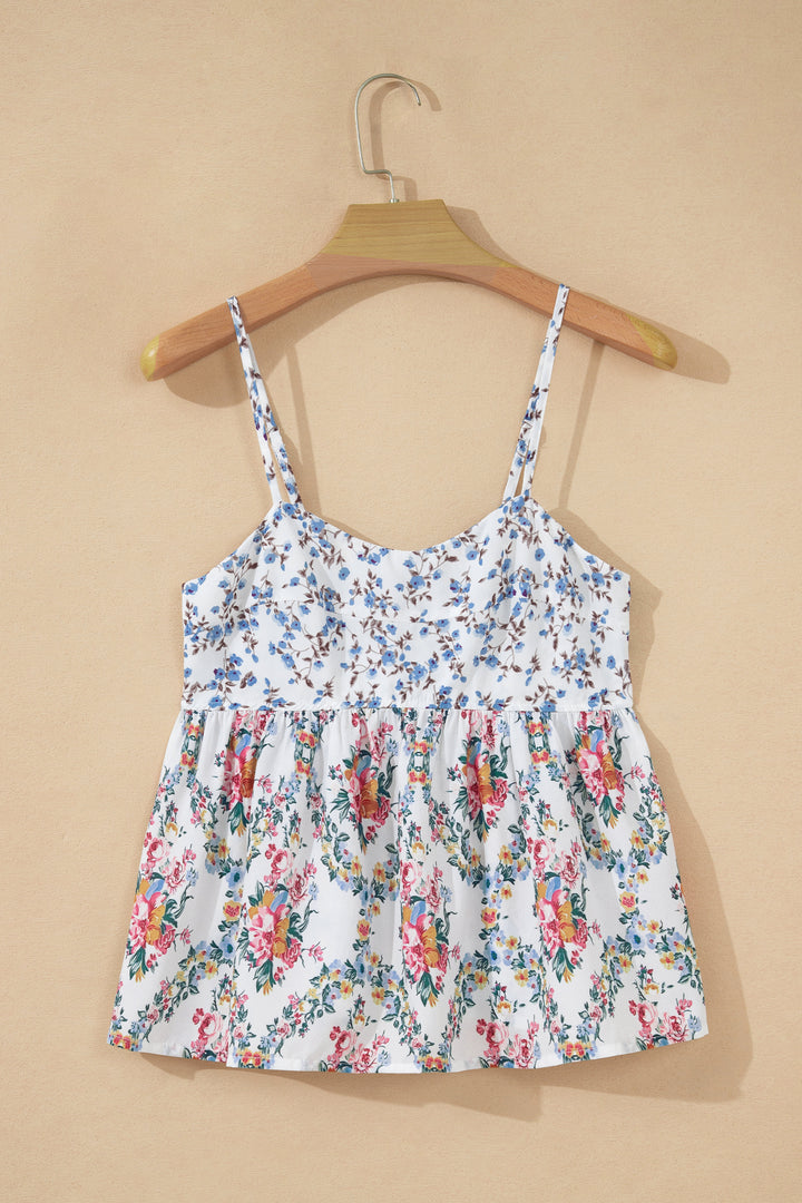 White Contrast Floral Printed Patchwork Spaghetti Straps Babydoll Top