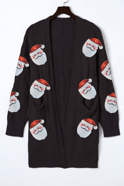 Black Sequined Santa Claus Cable Knit Open Cardigan