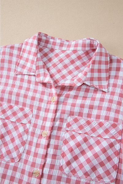 Pink Gingham Print Chest Pockets Buttoned Collared Shirt