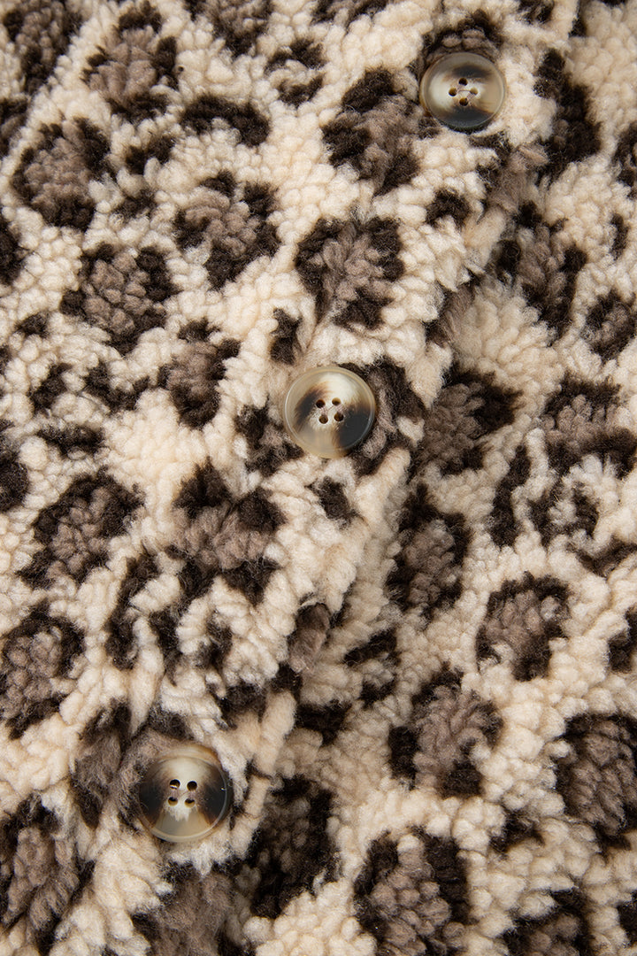 Brown Sherpa Leopard Print Flap Pocket Collared Button Up Jacket