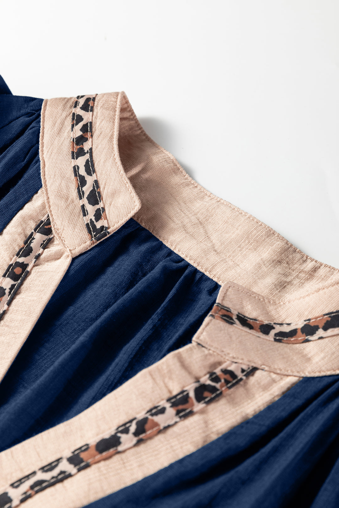 Dirty blue Leopard Trim V Neck Flounced Bracelet Sleeve Blouse