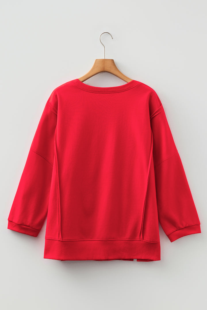 Fiery Red Floral Bow Patched Exposed Seam Patchwork Slit Baggy Sweatshirt