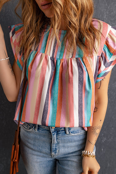 Multicolor Striped Tiered Ruffle Cap Sleeve Top