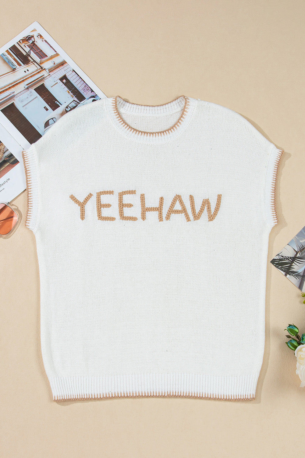 YEEHAW Stitch Edge Crew Neck Sweater Top