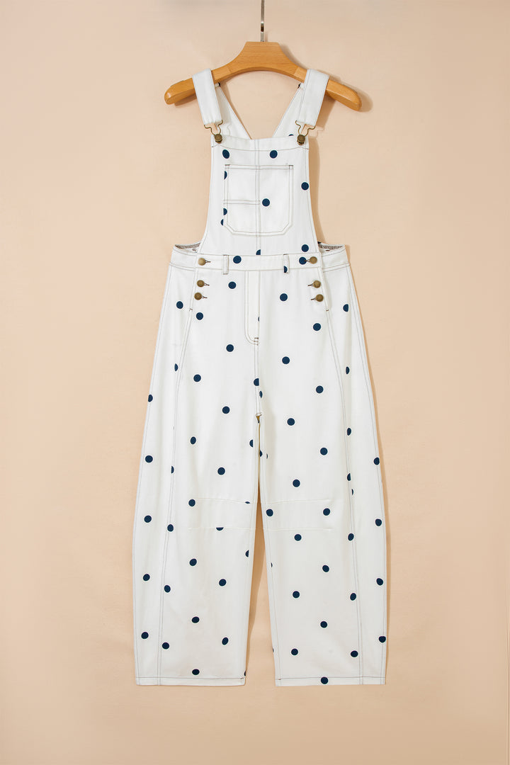 Jet Stream Polka Dot Print Bib Pocket Denim Barrel Overalls Jumpsuit