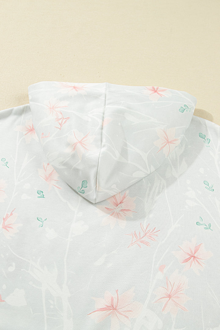 Gray Floral Print Plus Size Loose Hoodie
