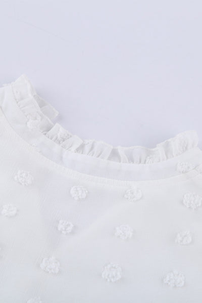 White Swiss Dot Split Neck Ruffle Babydoll Blouse