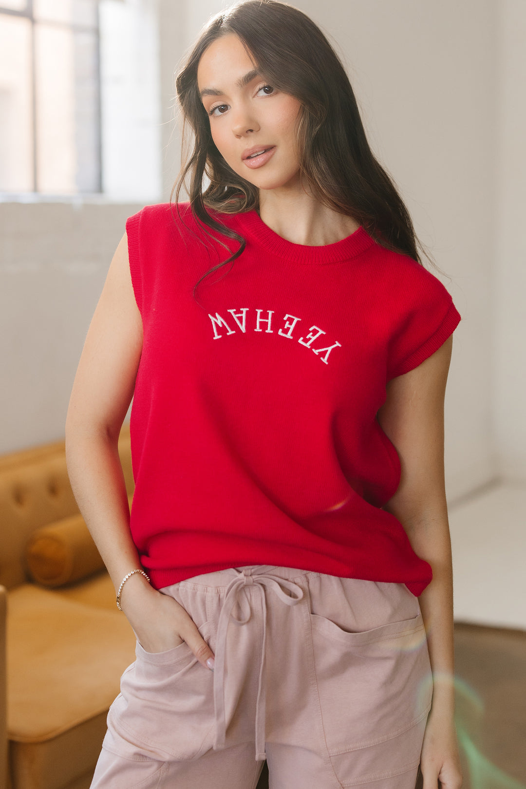 Fiery Red YEEHAW Embroidered Letter Loose Short Sleeve Sweater