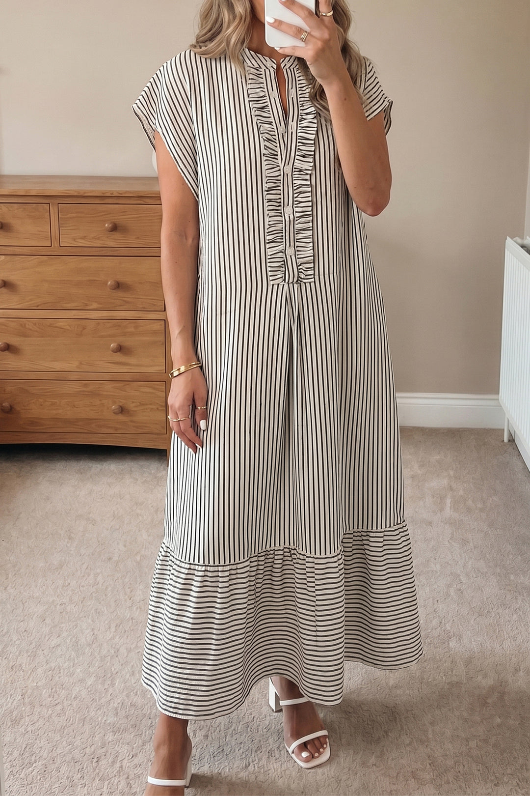 Black Stripe Frilled Detail Half Buttons Short Sleeve Long Dress