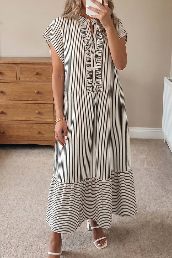 Black Stripe Frilled Detail Half Buttons Short Sleeve Long Dress