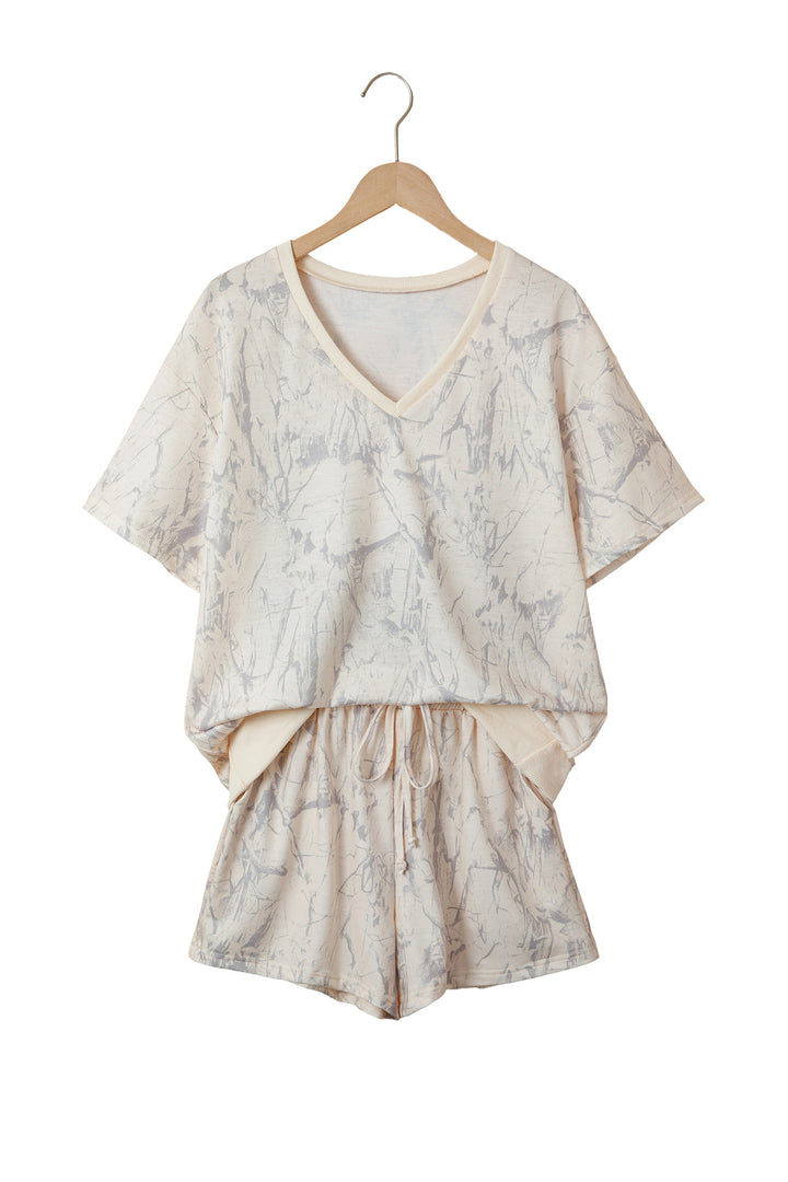 Khaki Abstract Print V Neck Loose Tee Drawstring Shorts 2pcs Outfit