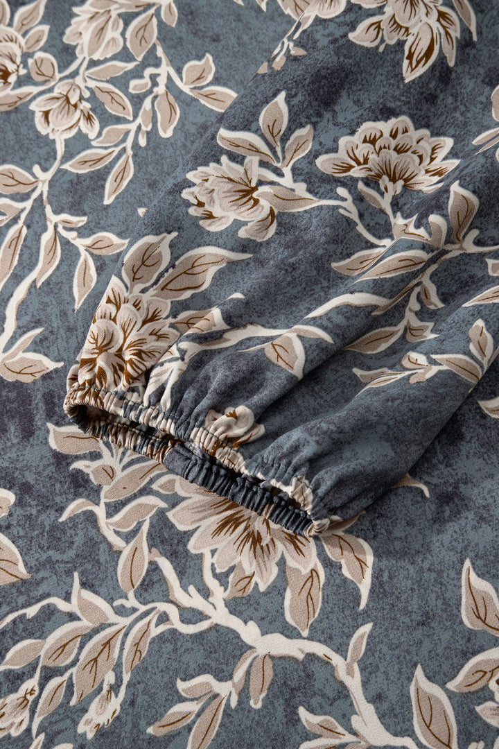 Sky Blue Plus Size Floral Print Split Neck Shirred High Waist Long Sleeve Maxi Dress