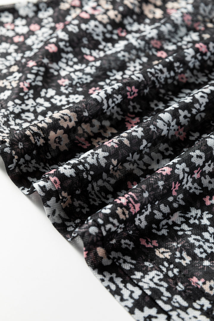 Black Ditsy Floral Mesh Thumbhole Sleeve Slim Fit Top