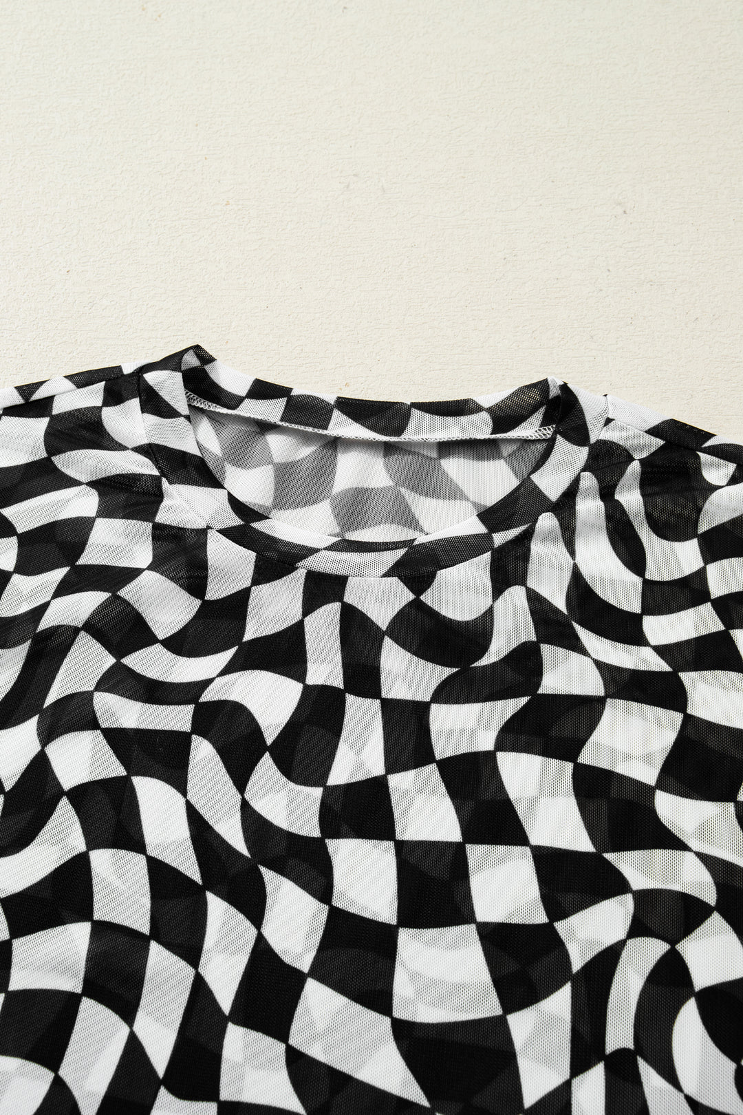 Black Checkered Print Mock Neck Mesh T Shirt