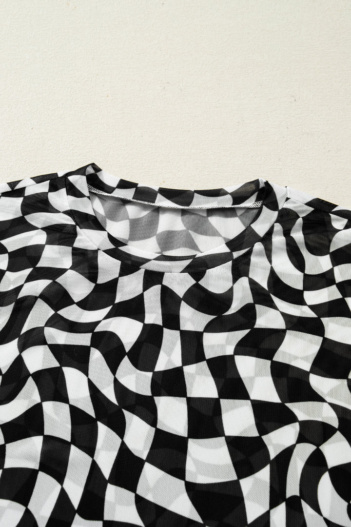 Black Checkered Print Mock Neck Mesh T Shirt