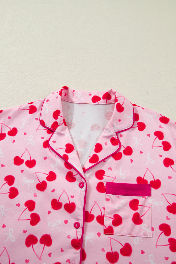 Rose Cherry Bow Mixed Print Scalloped Edge Short Pajama Set