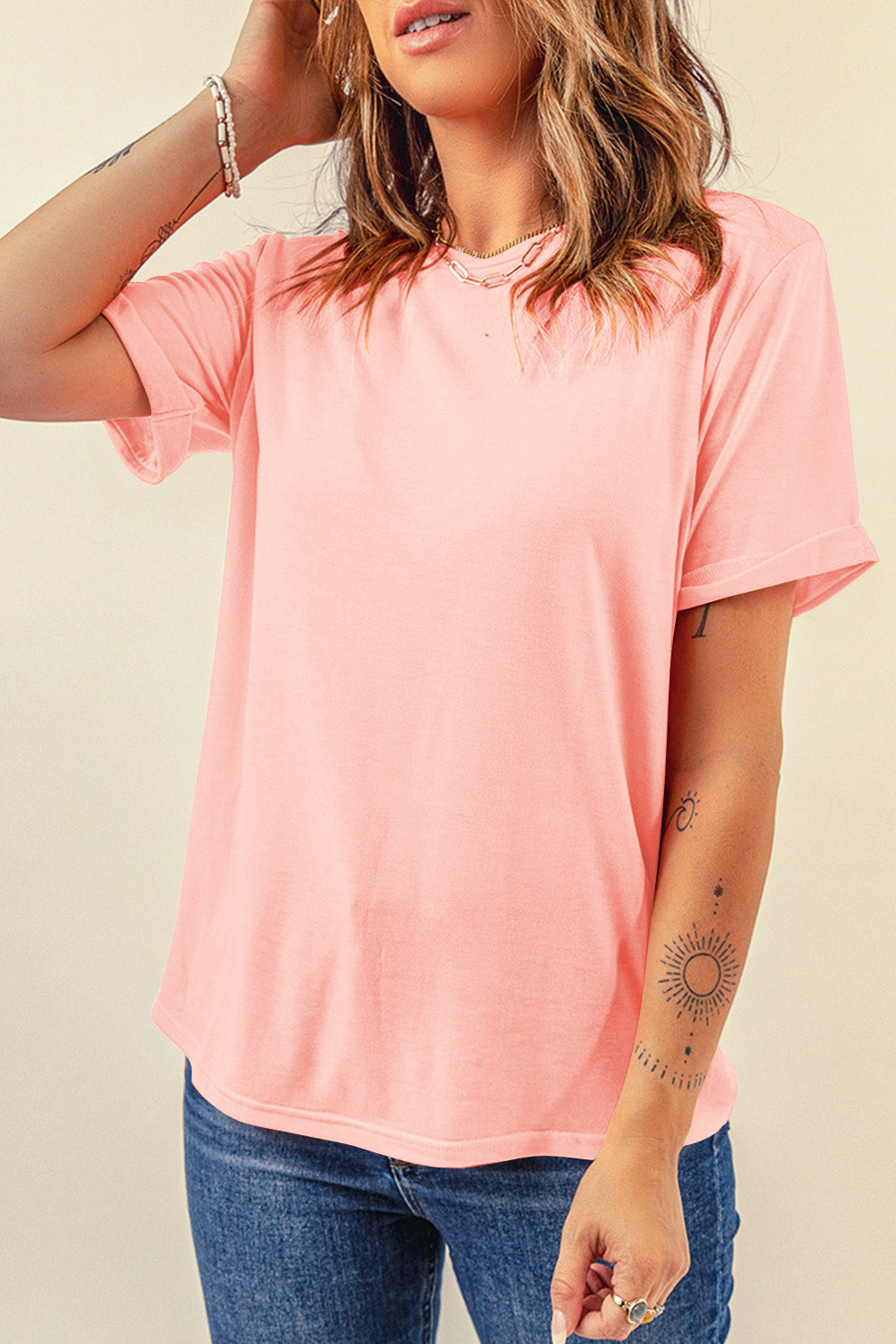 Pink Casual Plain Crew Neck Tee