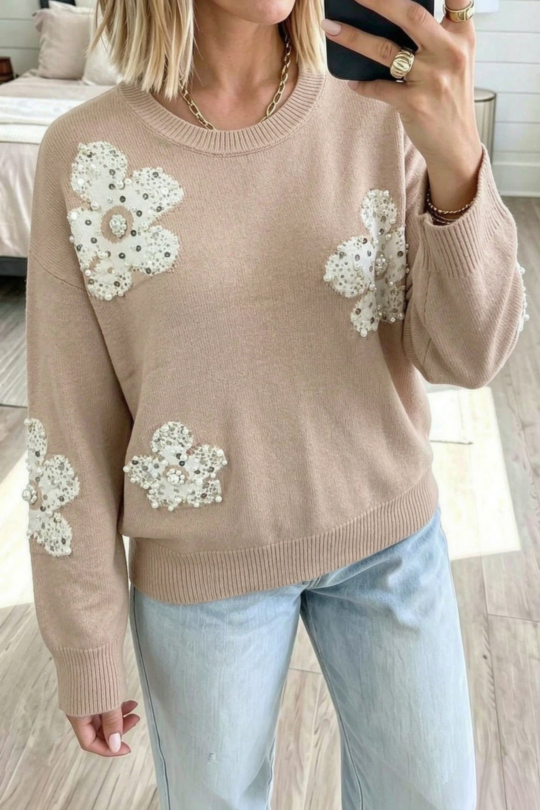 Smoke Gray Beaded Floral Patchwork Ribbed Trim Round Neck Sweater