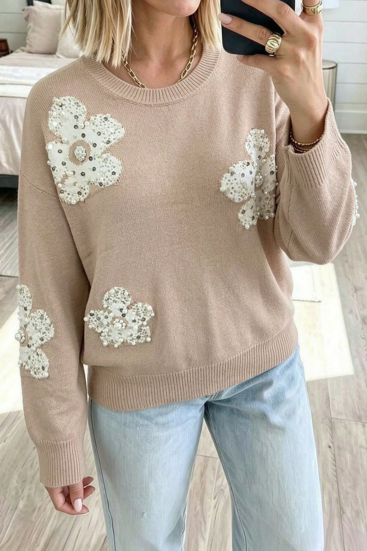 Smoke Gray Beaded Floral Patchwork Ribbed Trim Round Neck Sweater