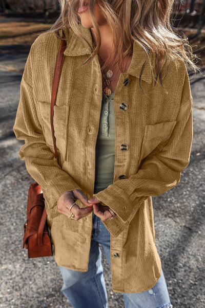 Light French Beige Patched Pocket Button Up Corduroy Shacket