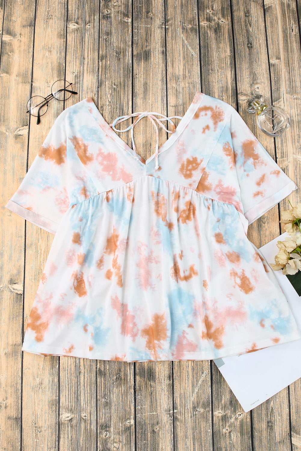 White Tie Dye Flowy Short Sleeve Top