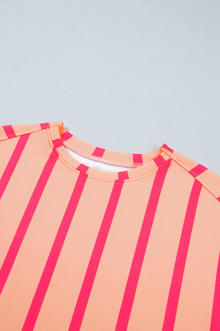 Pink Stripe Dropped Shoulder Round Neck Casual Sweatshirt