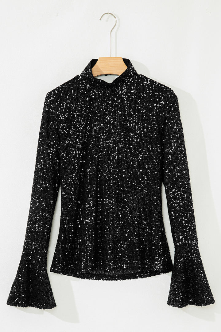Black Sequin Mock Neck Drape Open Back Bell Sleeve Top