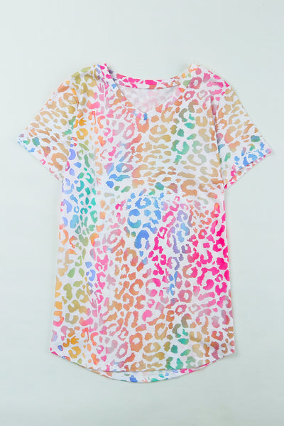 Colorful Leopard V Neck Short Sleeve Top